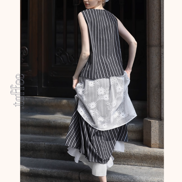 ストライプノースリーブトップ&レース装飾ロングスカートセットアップ《Z01028》