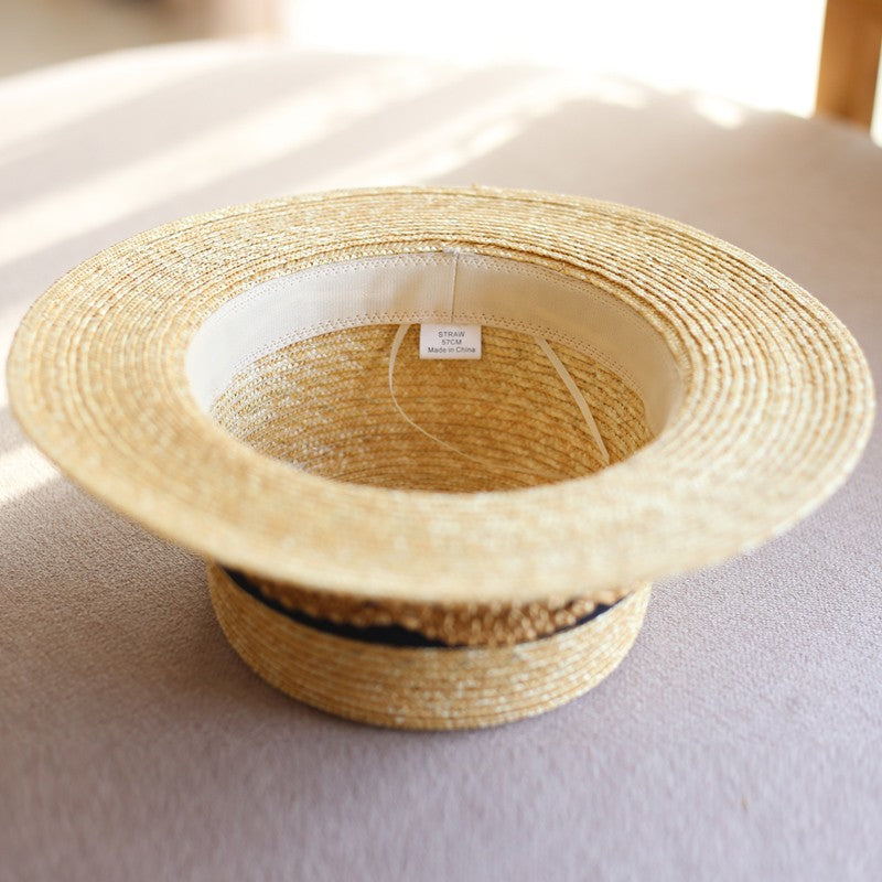 麦わら編み編みリボンのカンカン帽