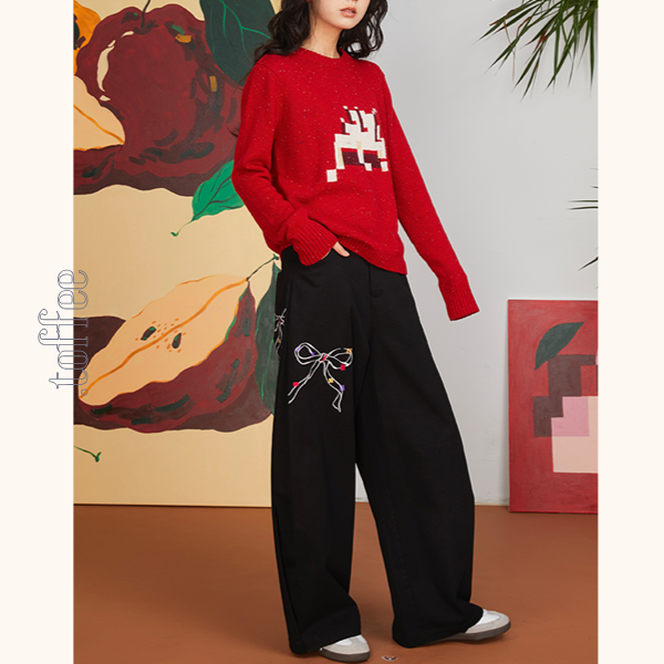 リボン刺繍ルーズストレートパンツ 《Z00700》