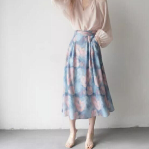 油絵風フラワープリントスカート X-270