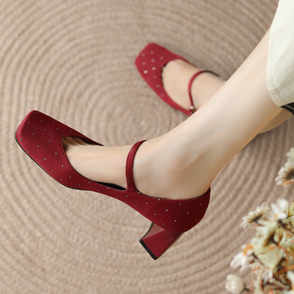 【2color】スクエアトゥチャンキーヒールドットパンプス X-536