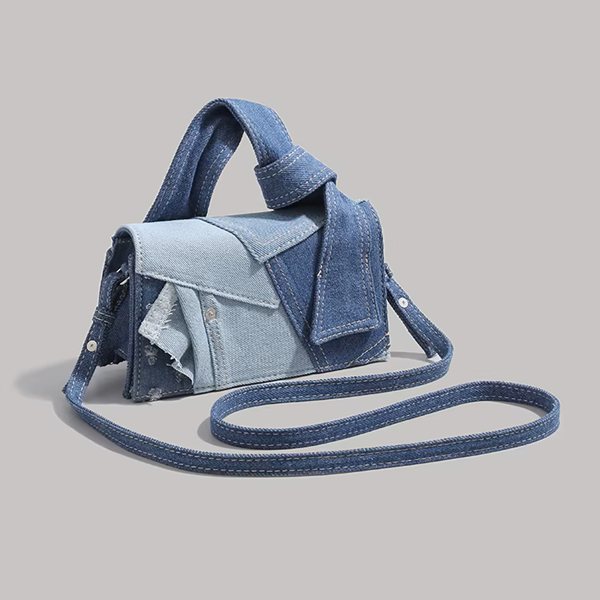 【2color】デニムパッチワークのリボンハンドルバッグ《Z01236》