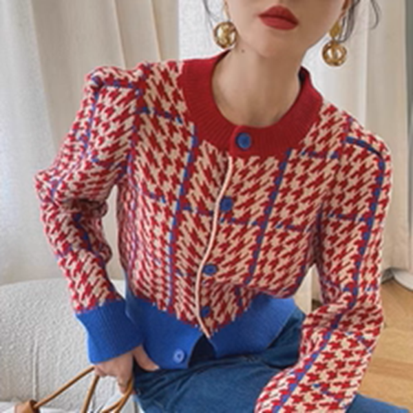 【3color】バイカラー千鳥格子のショートニットカーディガン《Z01289》