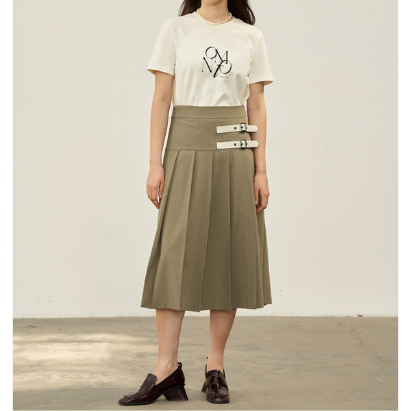【2color】二つのベルト付きミモレ丈Aラインプリーツスカート Z00223