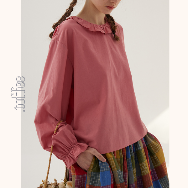 【2color】フリルネックコットンブラウス 《Z00787》