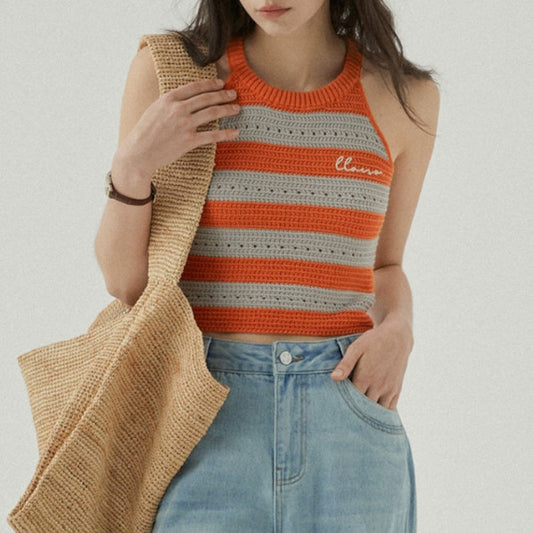 【2color】ホルターネックストライプニットトップ Z00310