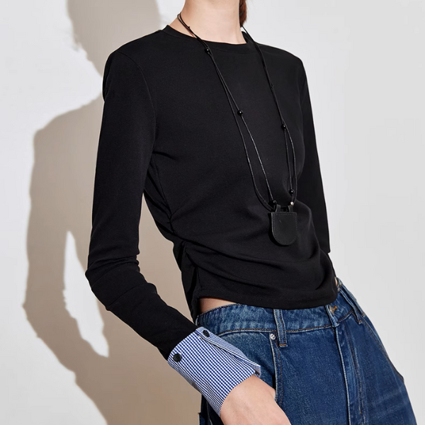 【2color】ギンガムチェックカフスクルーネックトップ《Z00926》