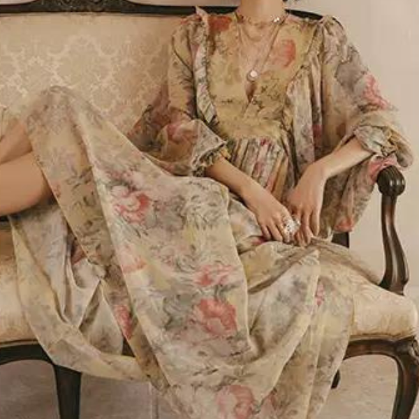 フラワープリントボリュームスリーブワンピース X-046