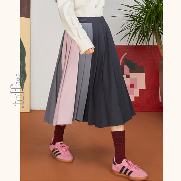コントラストカラーミモレ丈プリーツスカート 《Z00701》