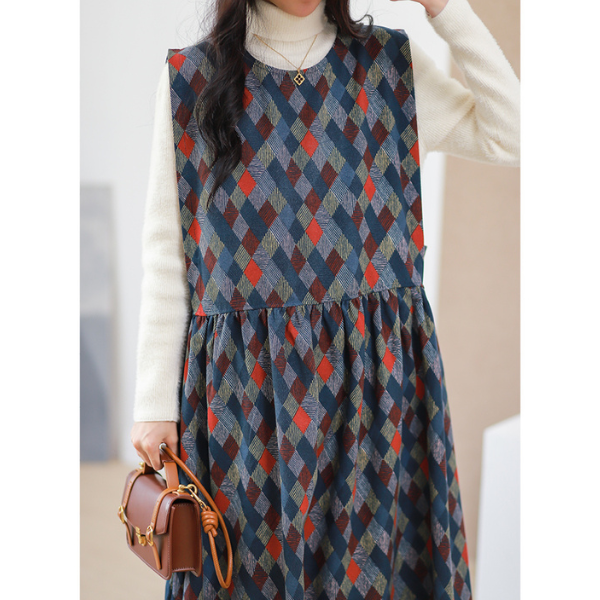 【2color】マルチカラースクエアパターンワンピース w-005