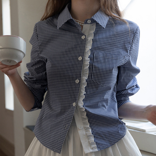 ギンガムチェック柄レースディテールシャツ 《Z00739》
