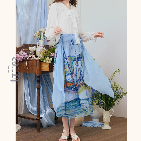 油絵プリントロングシフォンスカート《Z00974》