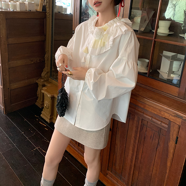 レース&フラワーホワイトブラウス Z00519