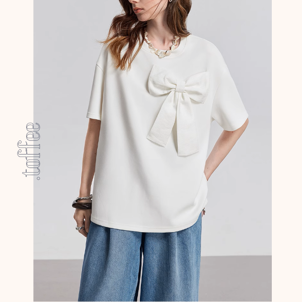 【2color】ビッグリボンクルーネック半袖Tシャツ《Z00933》