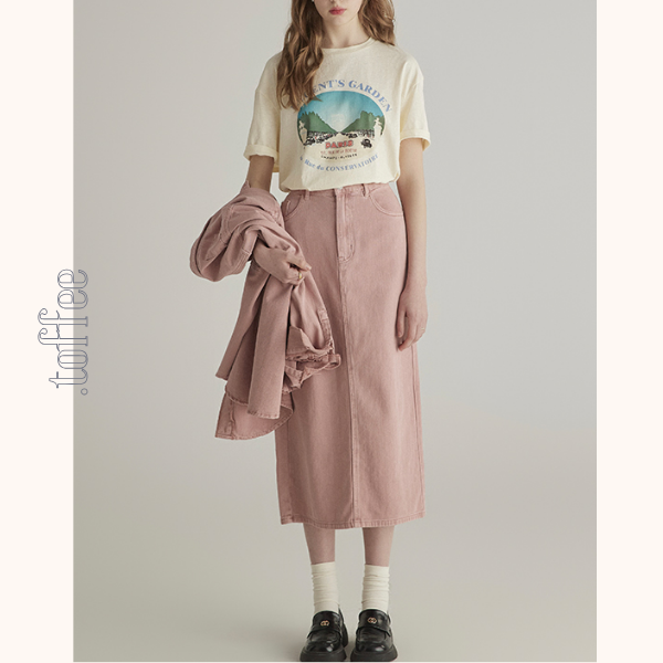 ピンクデニムジャケット&ミモレ丈ストレートスカートセットアップ 《Z00776》