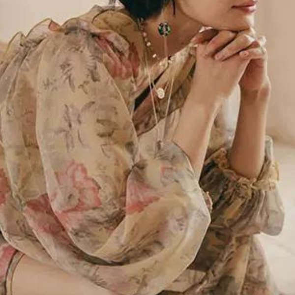 フラワープリントボリュームスリーブワンピース X-046