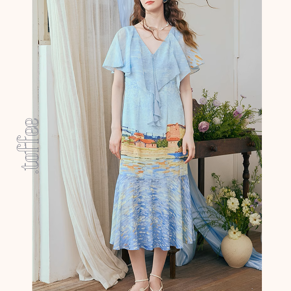 潮の音が聞こえる:シフォンプリントロングワンピース《Z00972》