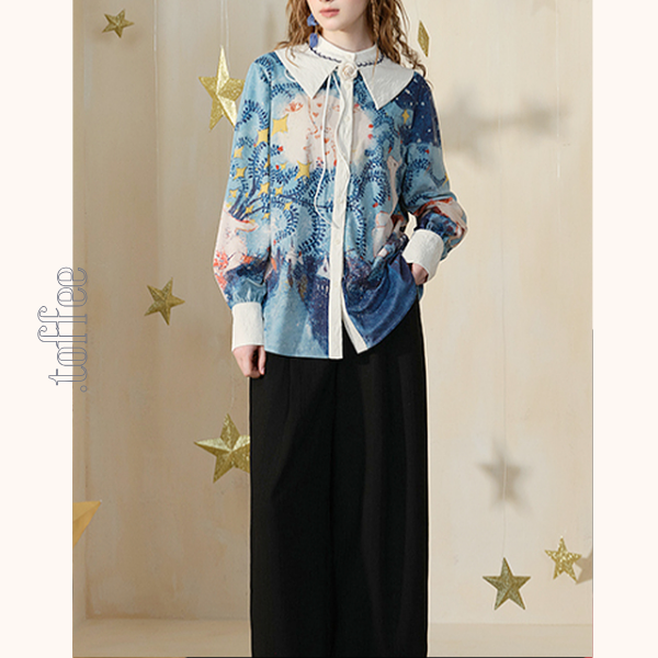 ポニーと星空の油絵プリントシャツ《Z00840》