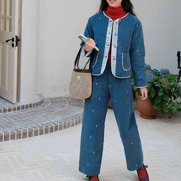 小花刺繍キルティングコーデュロイトートバッグ 《Z00709》