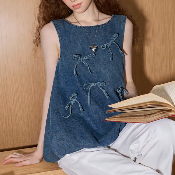 リボン装飾ノースリーブデニムトップ《Z00898》