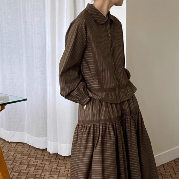 【2color】レトロストライプフリルヘムセットアップ X-263