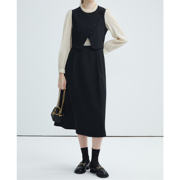 【3color】フェイクツーピース パールエッジワンピース X-424