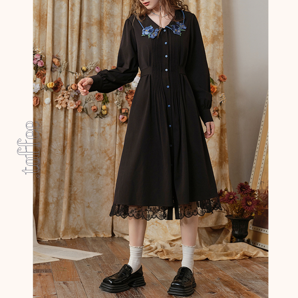 フラワー刺繍レースヘムブラックワンピース 《Z00680》