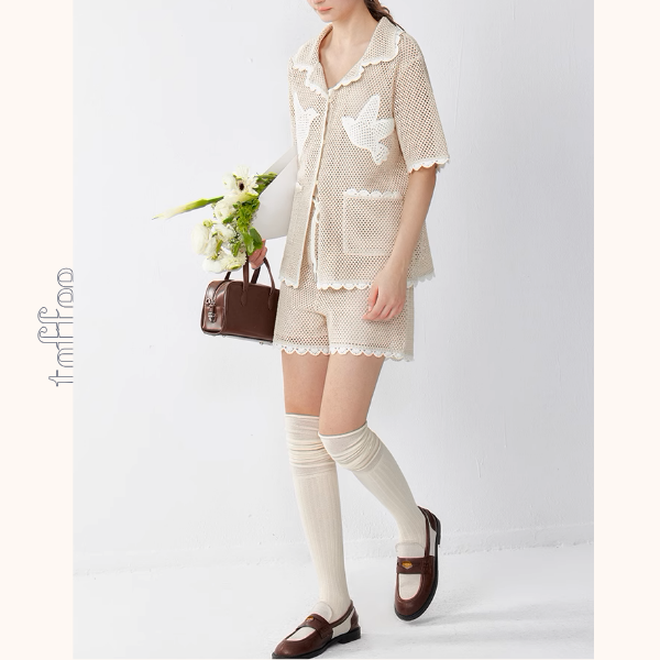 バードモチーフメッシュシャツ&ショーパンツセットアップ《Z01014》