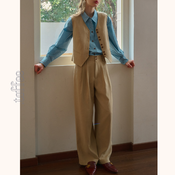 レトロ調シングルブレストベスト&ハイウエストワイドパンツセットアップ 《Z00815》