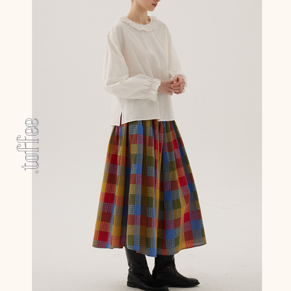 カラフルチェック柄ロングフレアスカート 《Z00786》