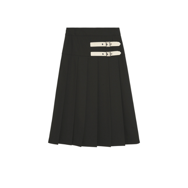 【2color】二つのベルト付きミモレ丈Aラインプリーツスカート Z00223