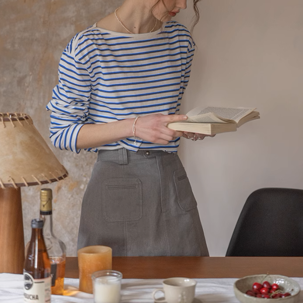 【2color】ボートネックストライプTシャツ《Z00852》