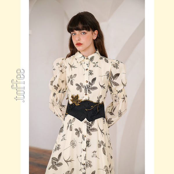 クラシカルボタニカルプリント パフスリーブシャツワンピース C0165