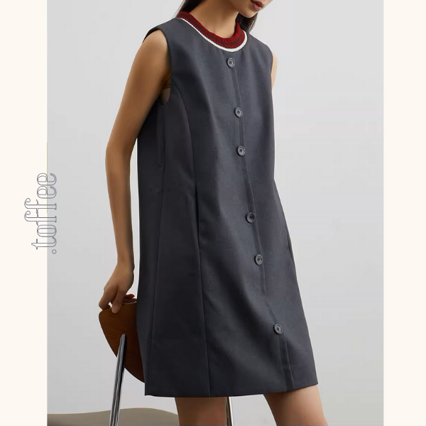 コントラストカラーフロントボタンノースリーブミニワンピース《Z00945》