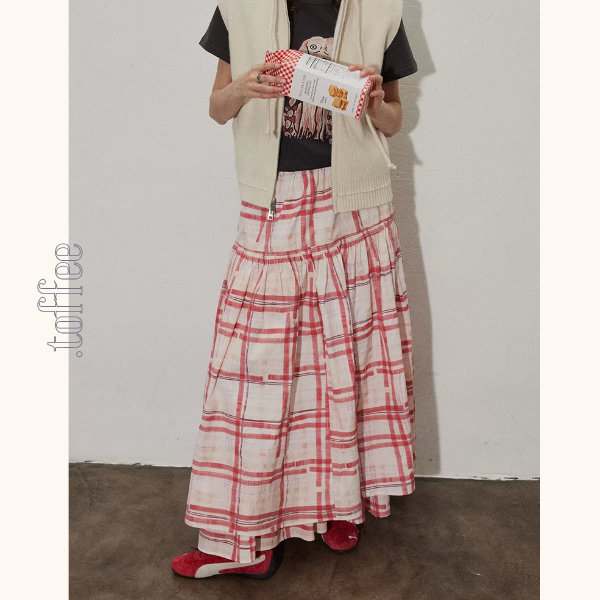 ペインタリーチェックロングフレアスカート《Z00843》