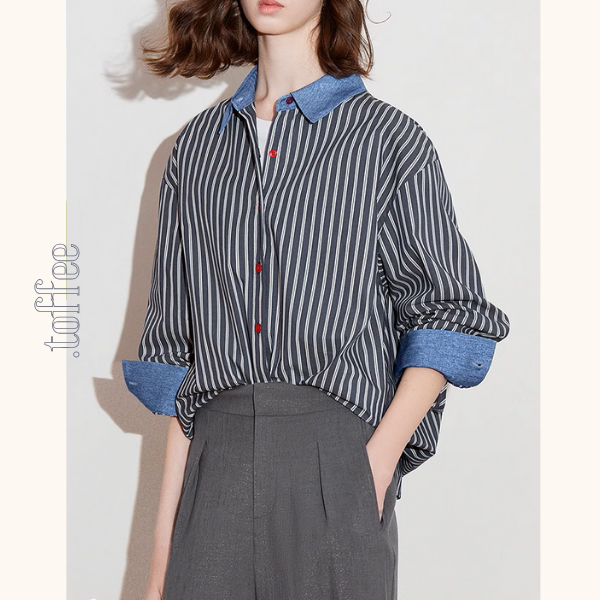 デニムカラー切り替えストライプシャツ《Z00928》