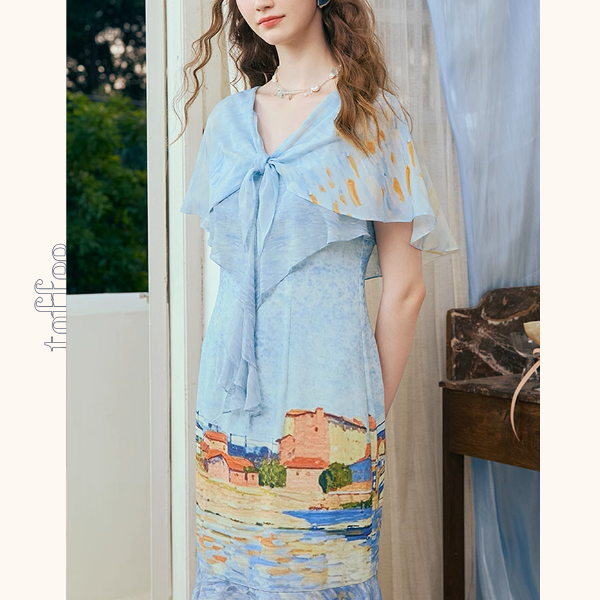 潮の音が聞こえる:シフォンプリントロングワンピース《Z00972》