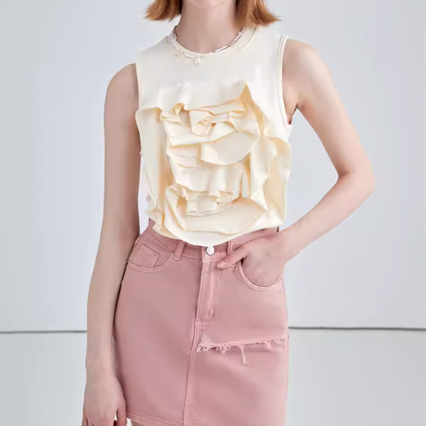 【2color】フラワーデコレーションノースリーブトップス W-201