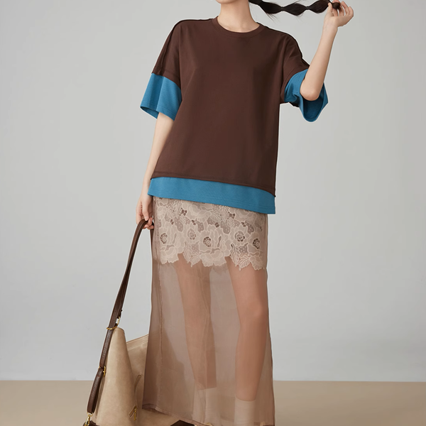 バイカラークルーネックレイヤード風トップス《Z00920》