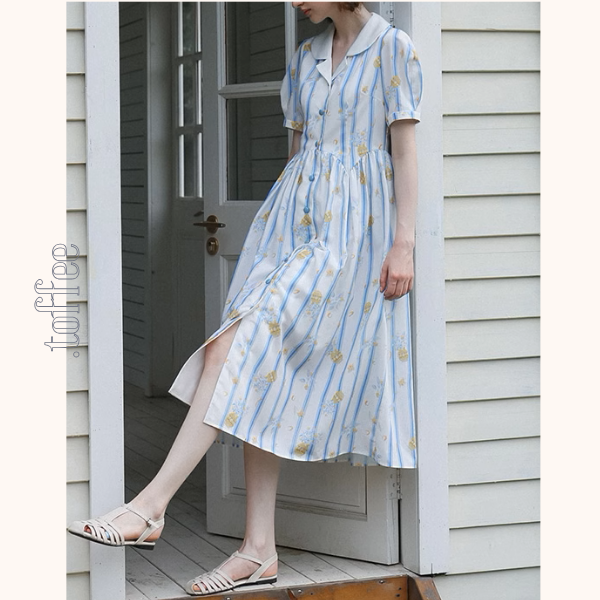 花柄&ストライプフレンチシャツワンピース《Z00879》