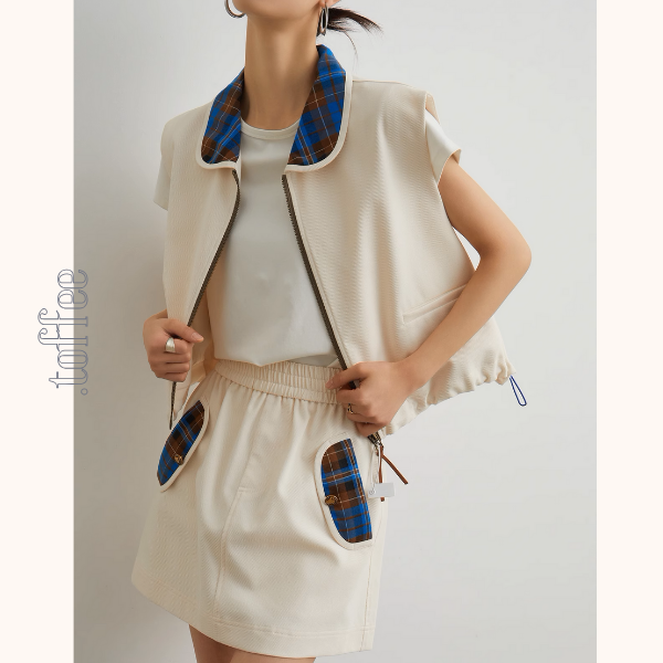 フロントジップアップベスト&ミニスカートセットアップ《Z00947》