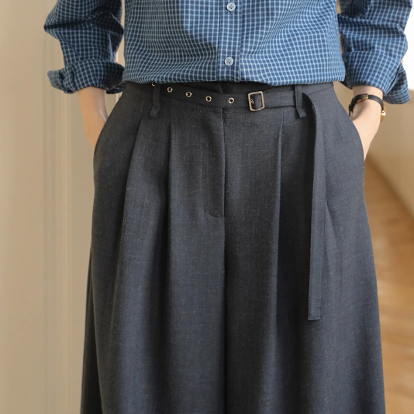 Vネックシングルブレストショートベスト&ハイウエストワイドスーツパンツセットアップ《Z00889》