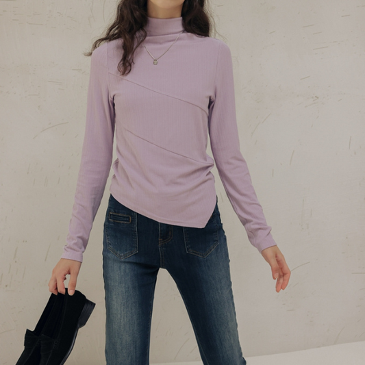 【2color】アシンメトリーカットデザイントップロングトップス X-423