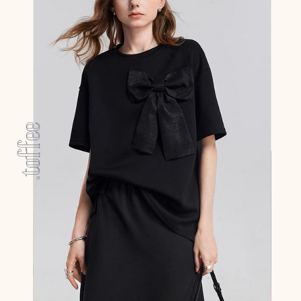 【2color】ビッグリボンクルーネック半袖Tシャツ《Z00933》