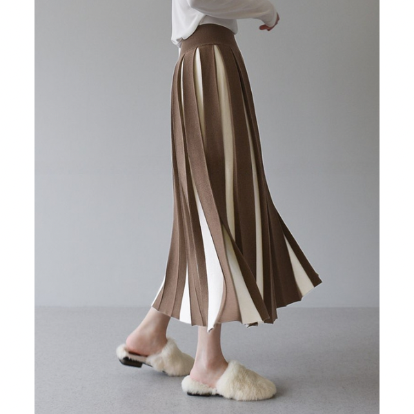 【6color】バイカラープリーツスカート w-079