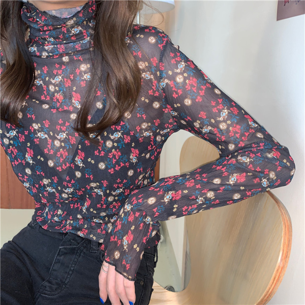 【5color】レトロな花柄シースルートップス Z00105