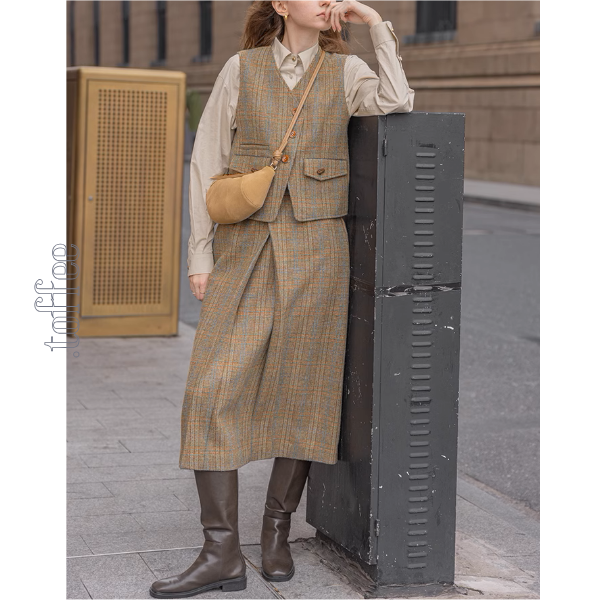 【3color】チェック柄リボン装飾ジレ&ミモレ丈プリーツスカートセットアップ《Z00858》