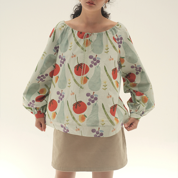 【2color】野菜と果物のコットンルーズプリントシャツ Z00447