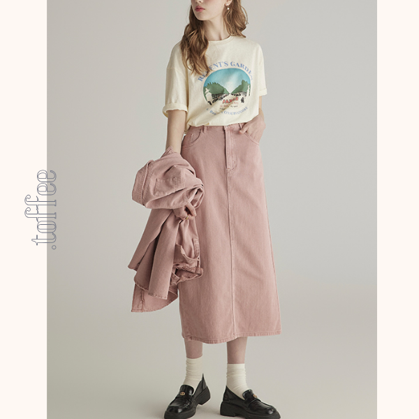 ピンクデニムジャケット&ミモレ丈ストレートスカートセットアップ 《Z00776》