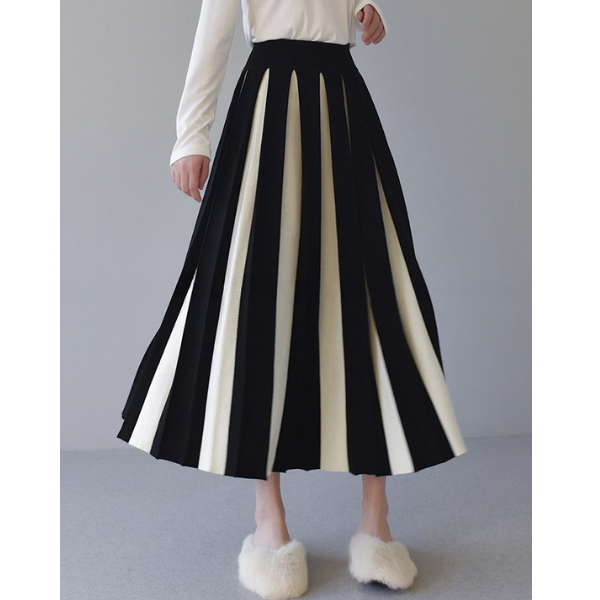 【6color】バイカラープリーツスカート w-079